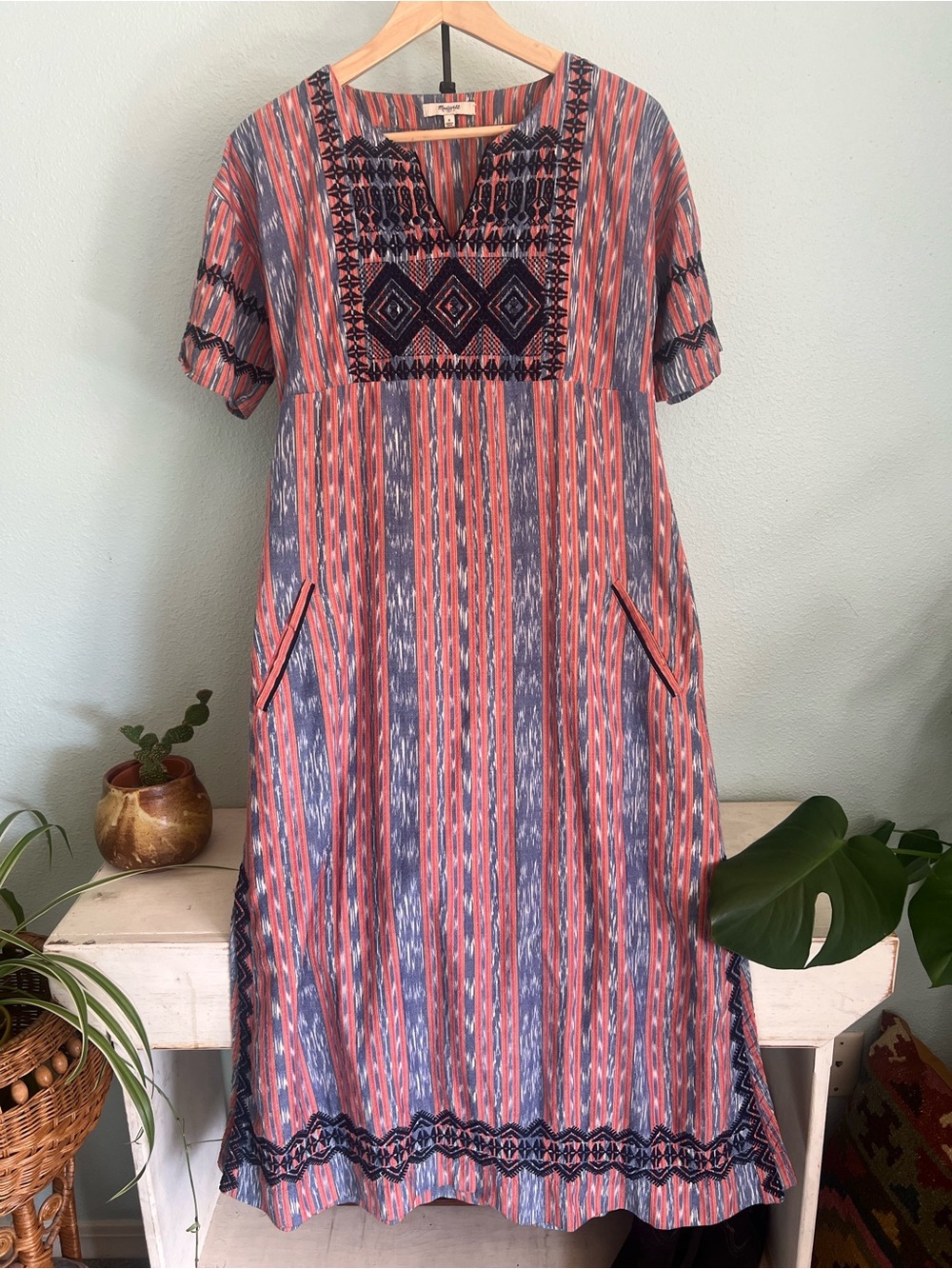 Madewell Coral and Navy Striped Embroidered Maxi Dress